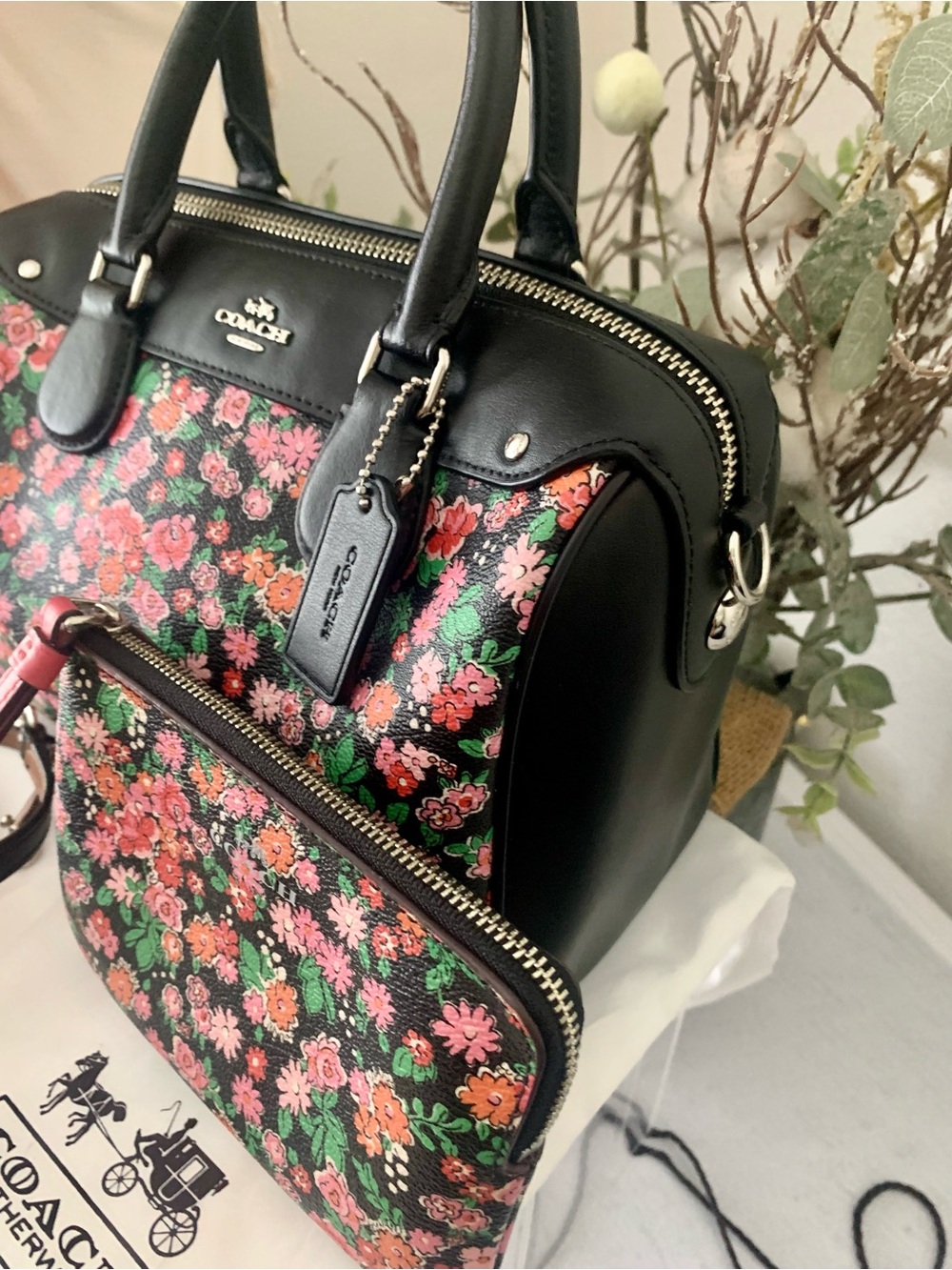 Coach Floral Mini Bennett Print Dome Satchel with Wristlet - Black & Pink - Picture 2 of 5